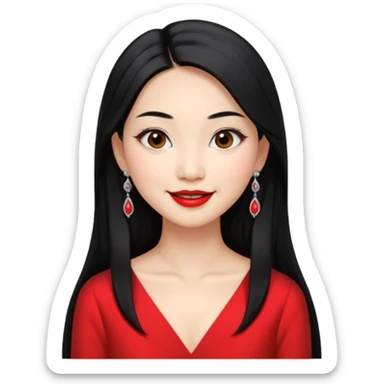 30 yr old asian woman, middle parted straight long black hair, very pretty, fancy dress, earings, red lipstick, silver earings sticker