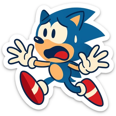 Sonic the Hedgehog with a scared expression, vibrant cartoon style sticker