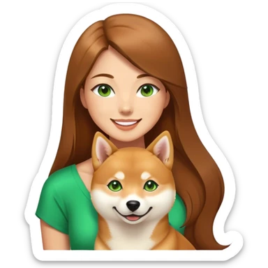 beautiful woman, straight long brown hair, green eyes smiling with dog Shiba Inu sticker