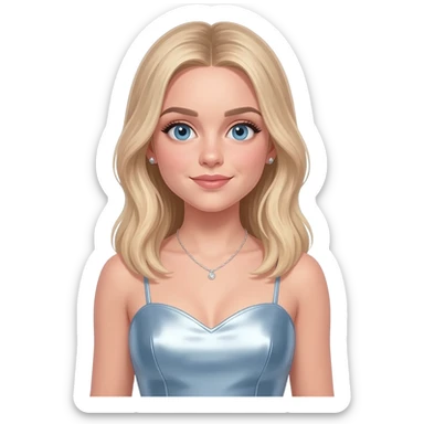 Sabrina Carpenter with blue eyes, long light blonde hair, light steel blue metallic sweetheart dress, silver necklace and short earrings sticker
