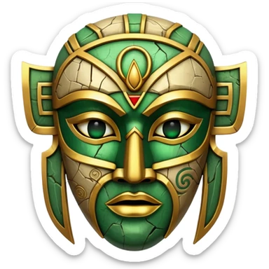 ancient mask, cracked and weathered, gold and green sticker