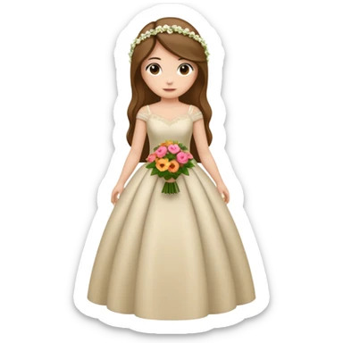 Chica blanca, cabello castaño, recogido en moño alto con mechones, vestido novia de manga larga, cuerpo entero, ramo de flores en una mano sticker