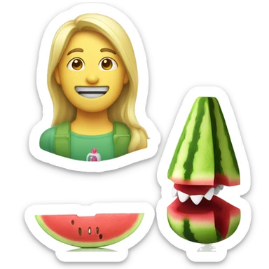 A light colored multipu and a watermelon toy in the teeth sticker
