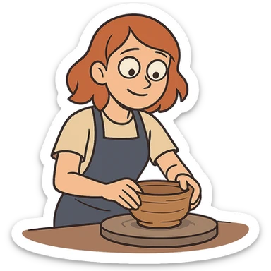 flat toon style girl with shoulder-length red hair making a bowl with clay sticker