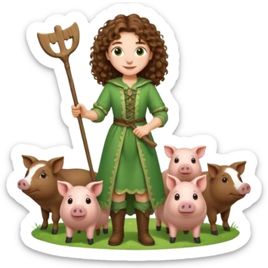 happy young shepard, long curly brown hair, in green magical outfit, with wooden shepard stick in hand, taking care of pigs sticker