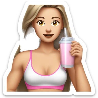 Brown straight haired white girl in pink croptop drinking protein shake sticker