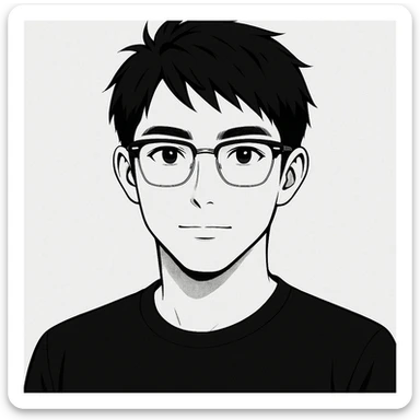 Create a half portrait in black and white anime style of an Asian male age 25, wearing Ray-Ban half frame glasses and a black t-shirt. Maintain the anime aesthetic with clear facial features and the specified accessories. sticker