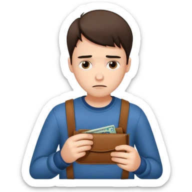 A young guy looks sadly at his empty wallet. sticker
