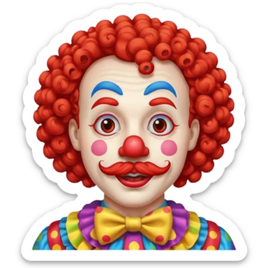 Classic clown — curly mustache, red nose sticker