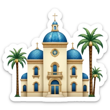 California Building with ornate blue, gold, and green tile dome and adjoining slender California Tower, Spanish Colonial Revival style, baroque details, palm trees, simple, no text, white background, version 3 sticker