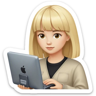 a girl with blonde hair and bangs with a computer in her hands sticker