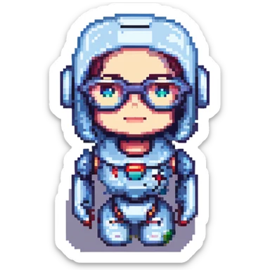 portrait of a cute female recruiter robot, 8-bit pixel art style, metallic, with glasses sticker