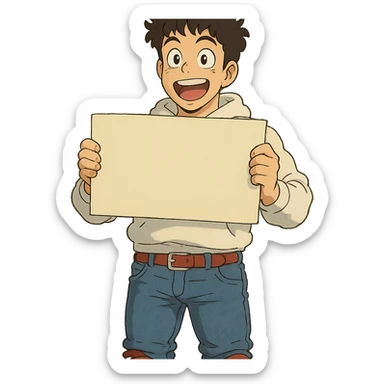 1 male, mid fade haircut dark chestnut brown curly hair, toasted lightskin, white hoodie sleeves up, fashion jeans, red fashion-sneakers shoes, red belt, short trimmed beard and goatee,  style of deku from "my hero academia", pose: holding a blank poster shoulder level, the image is framed from the waist to above the top of the head, facial expression is excited sticker