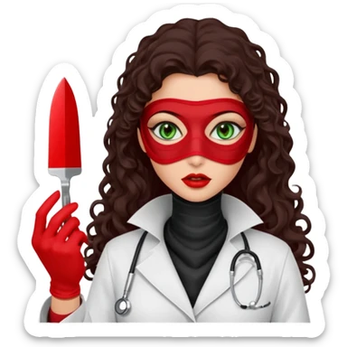 Lilith scalpel sexy evil woman. She has green eyes.  has dark brown long curly hair.  evil surgeon kills holding scalpel.  wears sexy doctor coat with red gloves. Covers only nose neck  and mouth with Muslim red berka  sticker