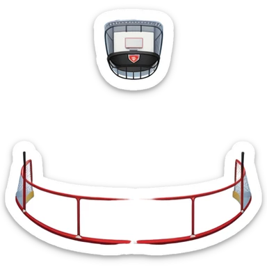 An icon showing a hockey stick, puck, skates, and goalposts on the ice. The background features a large hockey stadium with cheering fans, bright lights, and a snowy landscape visible through the arena. Transparent background highlights the main hockey equipment and atmosphere. sticker