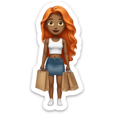 Tan girl with long orange hair wearing a mini skirt and crop top outfit holding shopping bags sticker