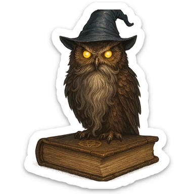 wise owl wizard with a long beard, perched on a spellbook, glowing eyes sticker