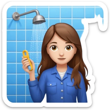beautiful girl with long brown hair constructing new bathroom area with new shower and amenities  sticker