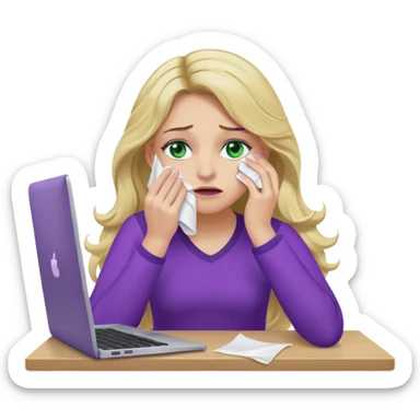 lady with long wavy blonde hair, purple top, green eyes, at desk with hand holding tissue to her eye and crying, with a purple mac laptop  sticker