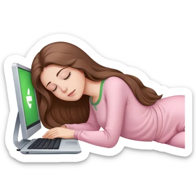 pretty woman with very long brown hair and green eyes and light pink outfit sleeping working on a computer sticker