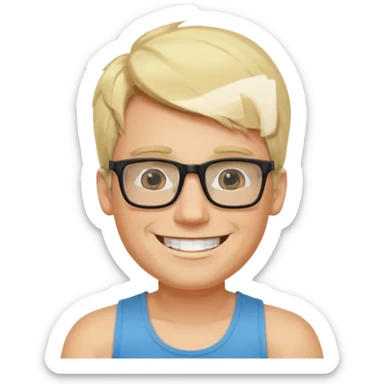 portrait of man, wearing a tank top, square glasses, grinning face, blond hair sticker