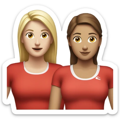 2 white woman in sportswear talking, one is red color sticker