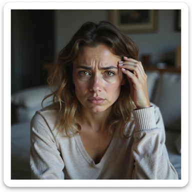 hyperrealistic 4K detailed image of a woman with hormonal imbalance, face alternating sad and irritated expression, hand holding head, domestic environment sticker