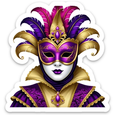 Venice Carnival performer – Cinematic Realistic Venice Carnival Performer, depicted in an opulent, elaborately masked costume with rich textures, vibrant colors, and dramatic, soft lighting, set against the historic backdrop of Venetian canals, capturing the mystery and extravagance of the carnival. sticker