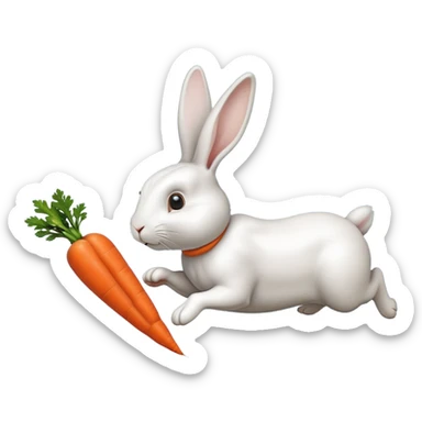 A rabbit running towards a floating carrot in front, with another floating carrot chasing the rabbit from behind. The tip of the front carrot is facing the rabbit's mouth, while the tip of the carrot behind is directed at the rabbit's tail. each carrot is flying independently." sticker