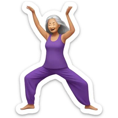 Long hair Asian senior woman in purple yoga cloth dancing Zumba sticker