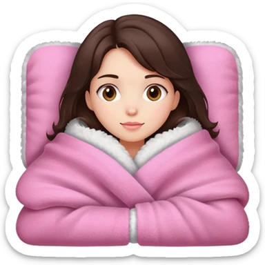 A brunette girl with a pink big cozy blanket sticker