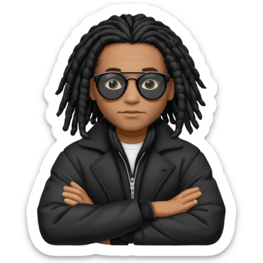 African American man with shoulder length black dreadlocks wearing black sunglasses with black bubble winter coat with arms folded sticker