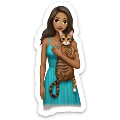 Beautiful skinny woman long dark brown hair in dress hug bengal cat sticker