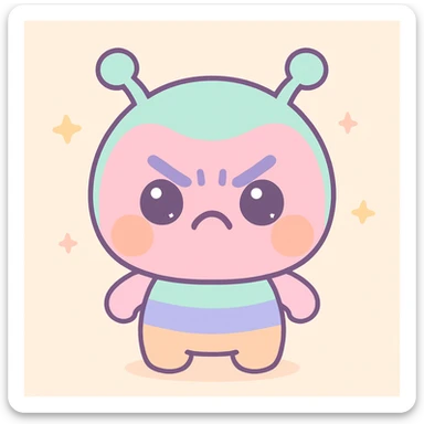 adorable cartoon alien with furrowed brows and puffed cheeks, angry expression, round head, bright colors, cute details sticker