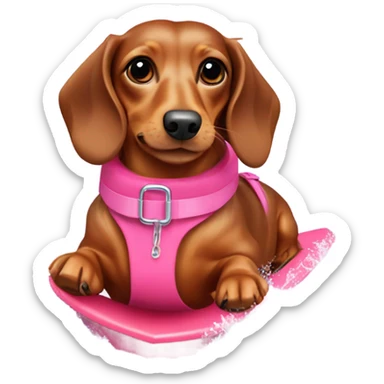 Long haired miniature dachshund red colour with pink collar waterskiing sticker