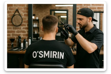 o'smirin bola qora futbolkada sartaroshxonada soch olayapti yuzi ko'rinmasin sticker