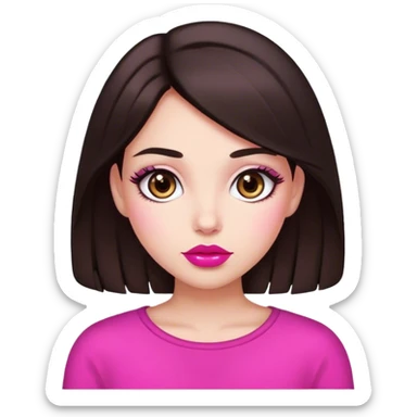 a girl with bright skin, dark brown hair, dark brown eyes, pink lips sticker