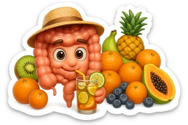 EMOJI STILE IPHONE DI INTESTINO UMANO REALISTICO CON CAPPELLO DI PAGLIA DA SPIAGGIA CHE BEVE UN Tè FREDDO IN BICCHIERE DI VETRO CON DENTRO  fette di cetriolo, limone, lime, DIETRO L'INTESTINO C'è UNA MONTAGNA DI PEZZI DI FRUTTA: Kiwi
Banana acerba
Arance e mandarini
Mirtilli
Ananas
Papaya
IPERREALISTICO 4K sticker