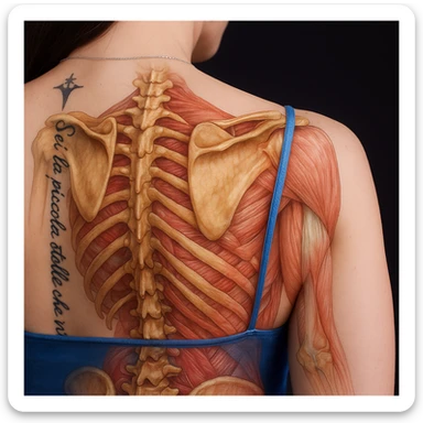 Add well-visible scapulae on the woman's back in a realistic style with a transparency effect to show the underlying bones and muscles. The image should reveal the anatomical layers beneath the skin. sticker
