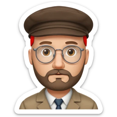 40's white male, bald with short full beard (salt and pepper color brown) with professor glasses and flat cap sticker