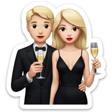 Blonde Woman, Long black slipdress, man black Cut,fly, Champagner glas sticker
