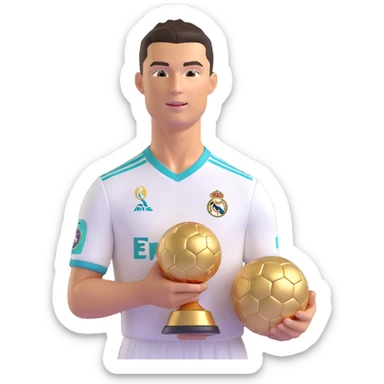 Cristiano Ronaldo in Real Madrid soccer uniform holding the Golden Ball trophy sticker