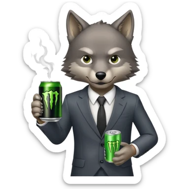 wolf in business suit, holding a monster energy can  sticker