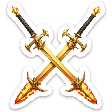 Two powerful on fire fully golden fiery royal crossed swords sticker