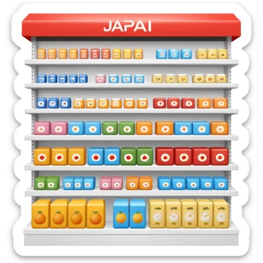 "Minimalist Japanese  shelf display, identical products placed directly behind one another (same items stocked in depth), different product types arranged side by side, clean spacing, precise symmetry, soft neutral lighting, front-facing packages, ultra-detailed." sticker