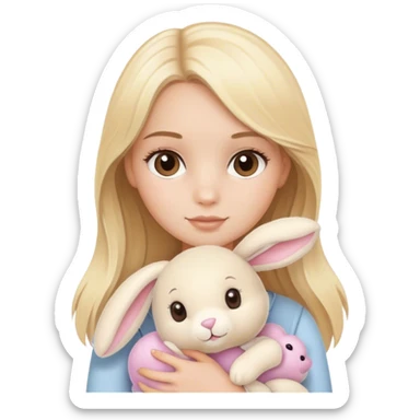 pretty blonde model with brown eyes holding a jellycat bunny stuffed animal sticker