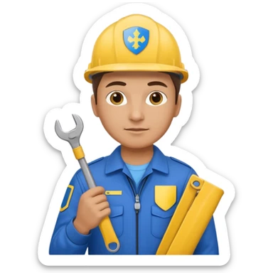 realistic ukrainian engineer with small flag and with wrench sticker