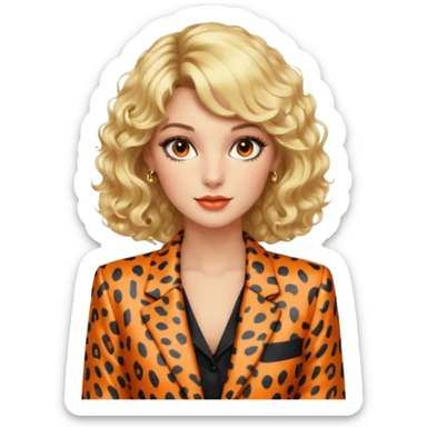 Blonde woman with an 80s-style hairstyle, with curls and bangs, animal print blazer, black top and orange skirt, all very 80s style, brown eyes, 80s makeup sticker