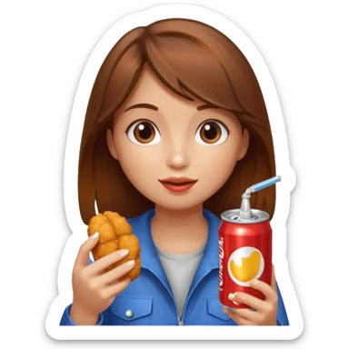 brown hair girl eating chicken nugget and holding a soda can sticker