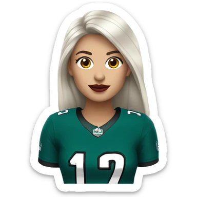 White female long dark hair red lips wearing Philadelphia Eagles jersey sticker